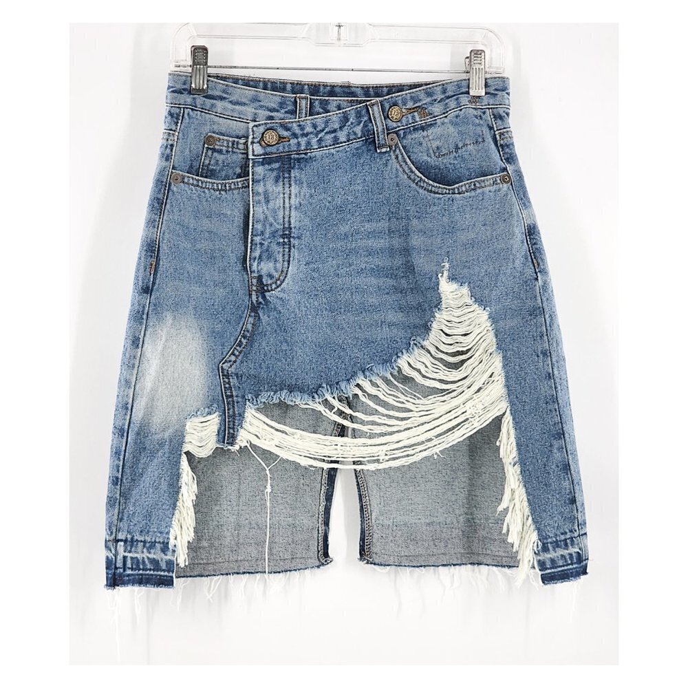 R13 NWT Boy Skinny Ripped Distressed Irregular Hem Denim Skirt